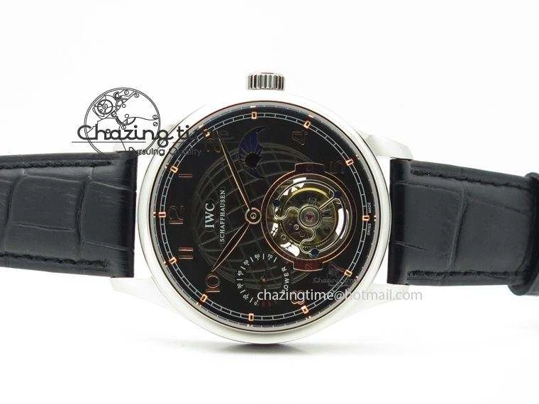MIROTIME 0428 Portuguese Tourbillon Power Reserve Moonphase SS Black Dial Gold Numbers On Black Leather Strap RelaxedFit 7320